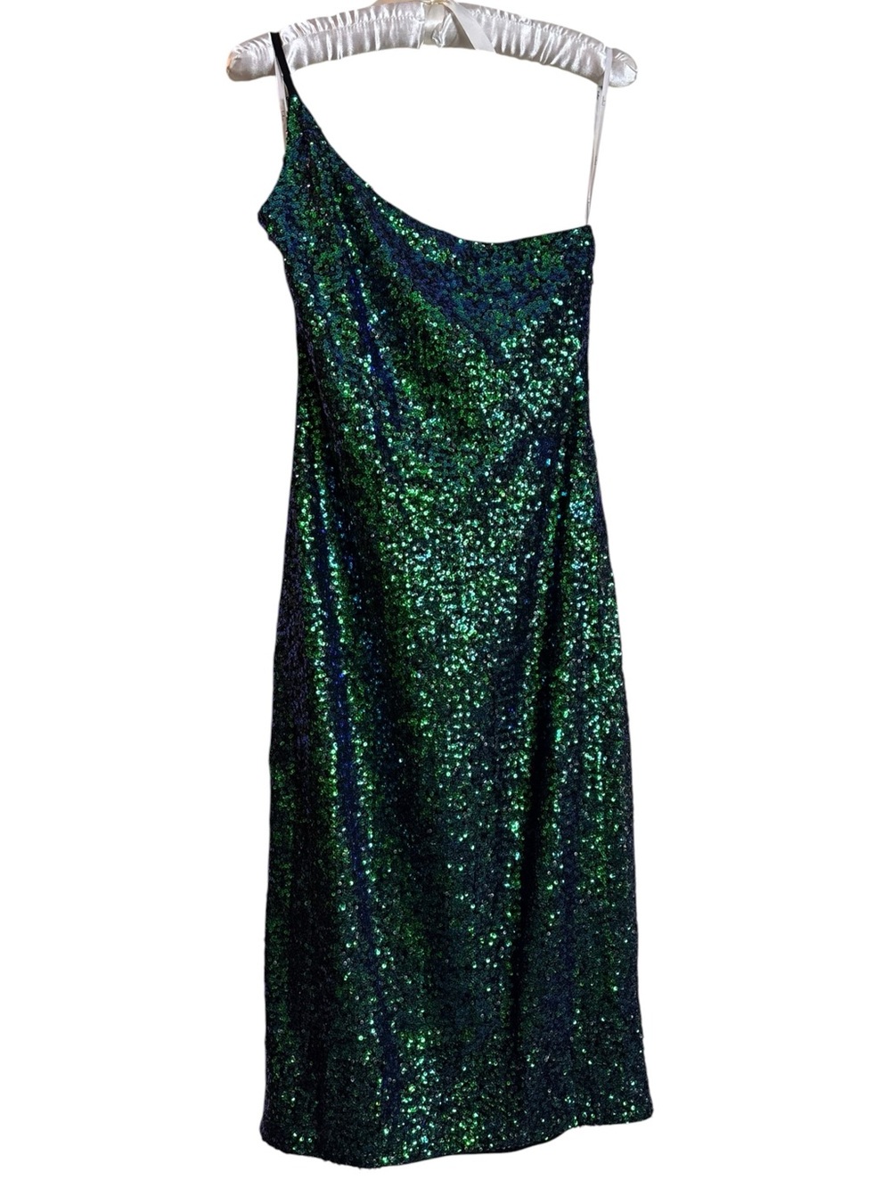 Lulus Sparkling Aura Iridescent Green Sequin One-Shoulder Midi Dress Medium Chic